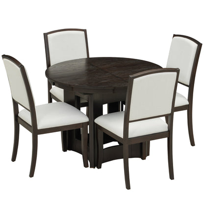 Farmhouse Round Dining Table Set for 4 – Extendable Rubber Wood Dining Set with Upholstered Chairs - 1st Choice Furniture Direct