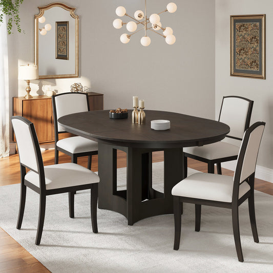 Farmhouse Round Dining Table Set for 4 – Extendable Rubber Wood Dining Set with Upholstered Chairs - 1st Choice Furniture Direct
