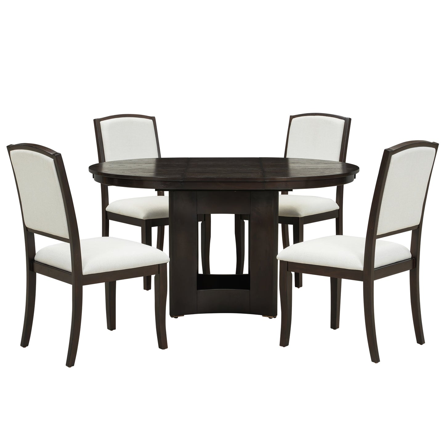 Farmhouse Round Dining Table Set for 4 – Extendable Rubber Wood Dining Set with Upholstered Chairs - 1st Choice Furniture Direct