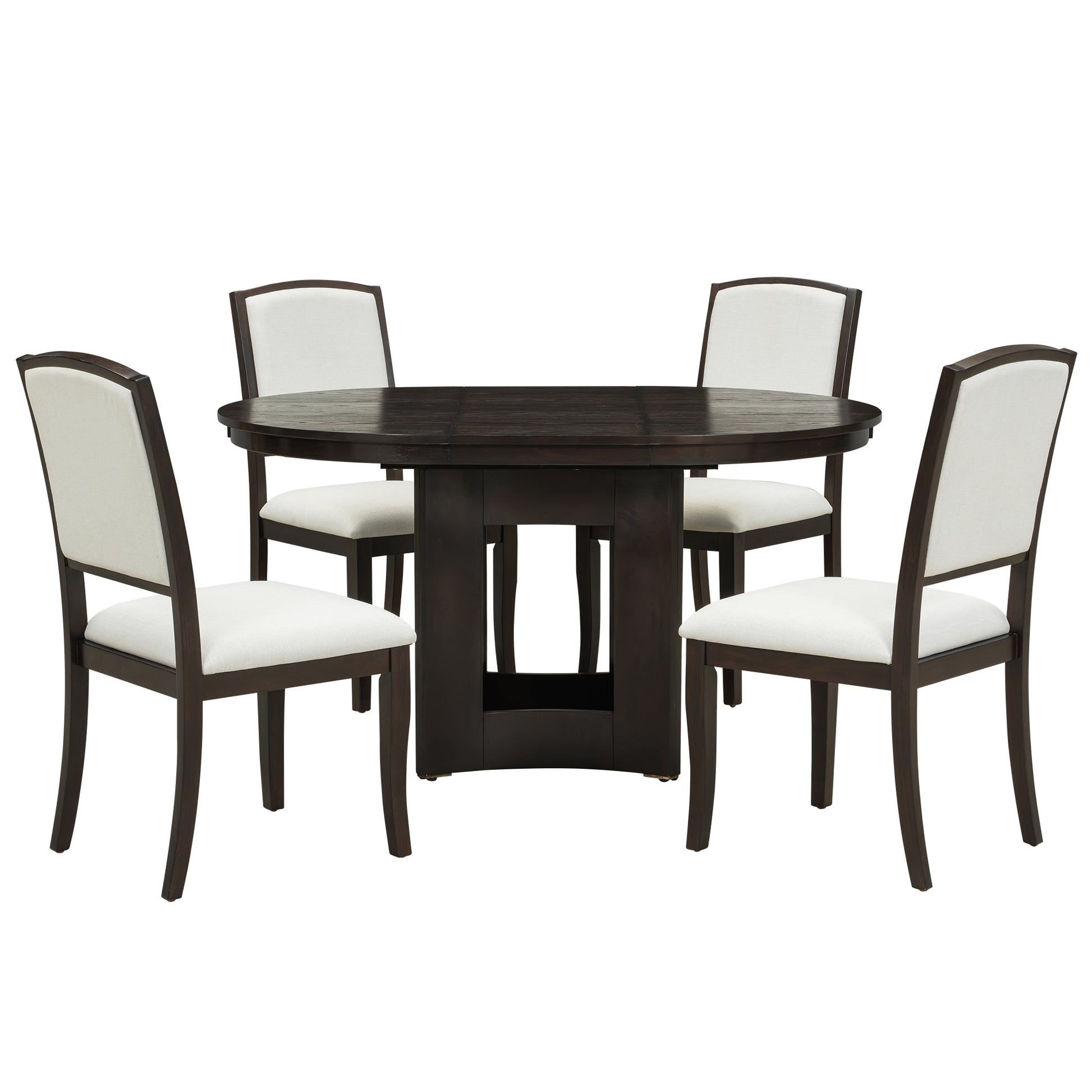 Farmhouse Round Dining Table Set for 4 – Extendable Rubber Wood Dining Set with Upholstered Chairs - 1st Choice Furniture Direct