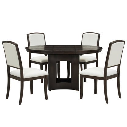 Farmhouse Round Dining Table Set for 4 – Extendable Rubber Wood Dining Set with Upholstered Chairs - 1st Choice Furniture Direct