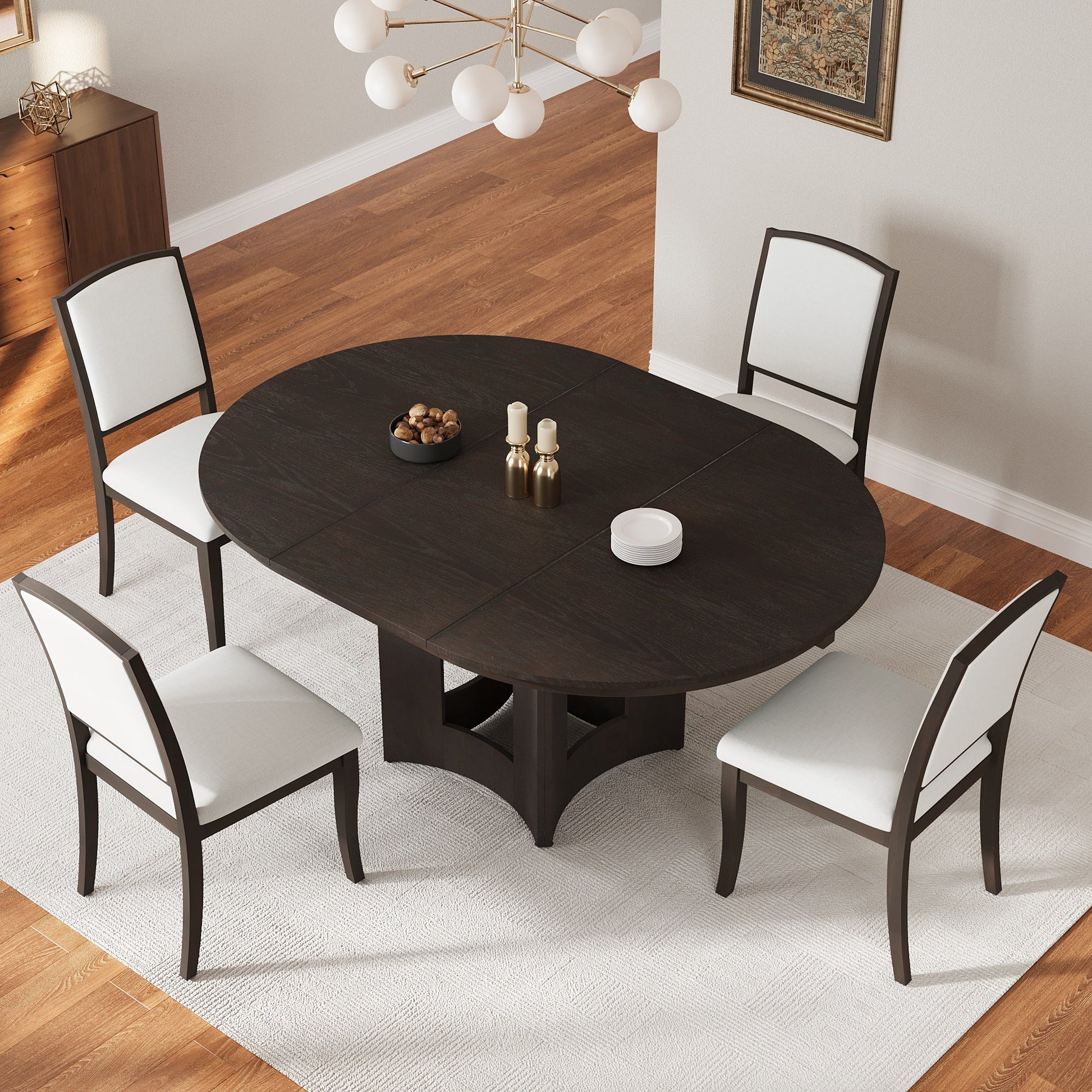 Farmhouse Round Dining Table Set for 4 – Extendable Rubber Wood Dining Set with Upholstered Chairs - 1st Choice Furniture Direct