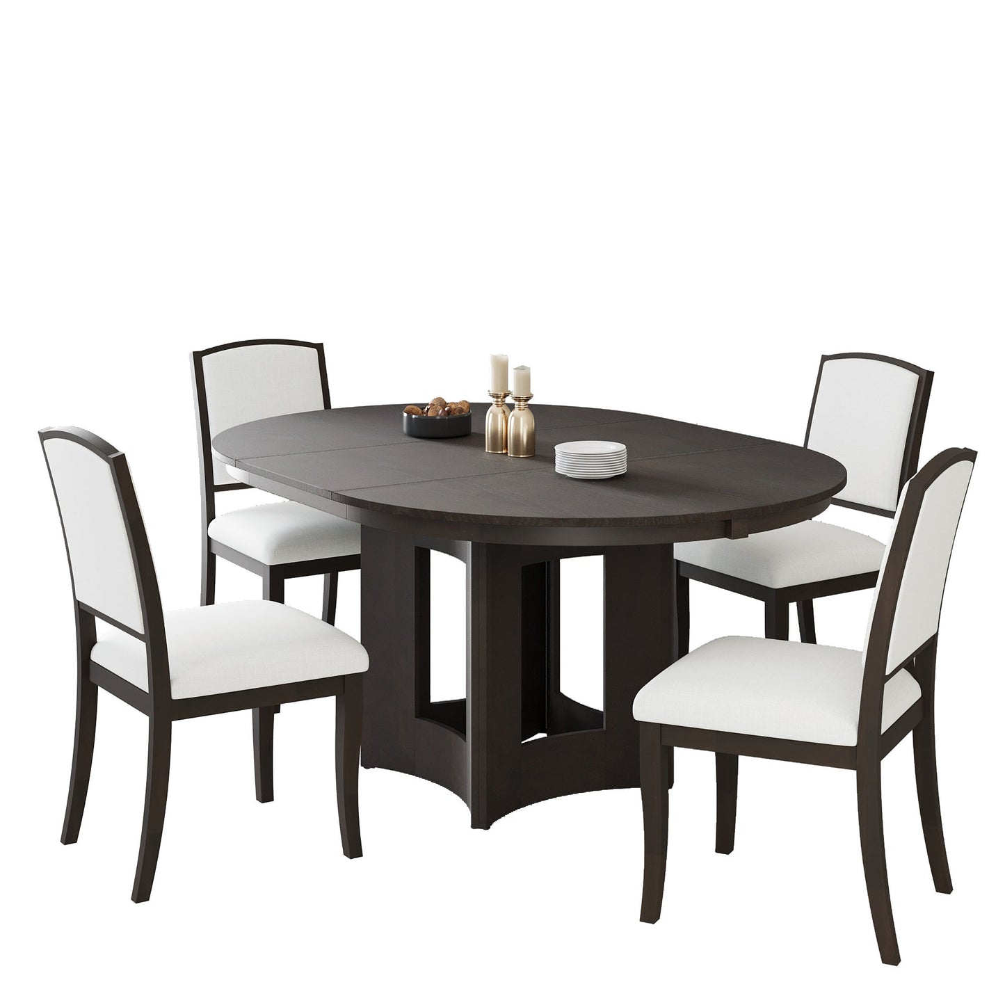 Farmhouse Round Dining Table Set for 4 – Extendable Rubber Wood Dining Set with Upholstered Chairs - 1st Choice Furniture Direct