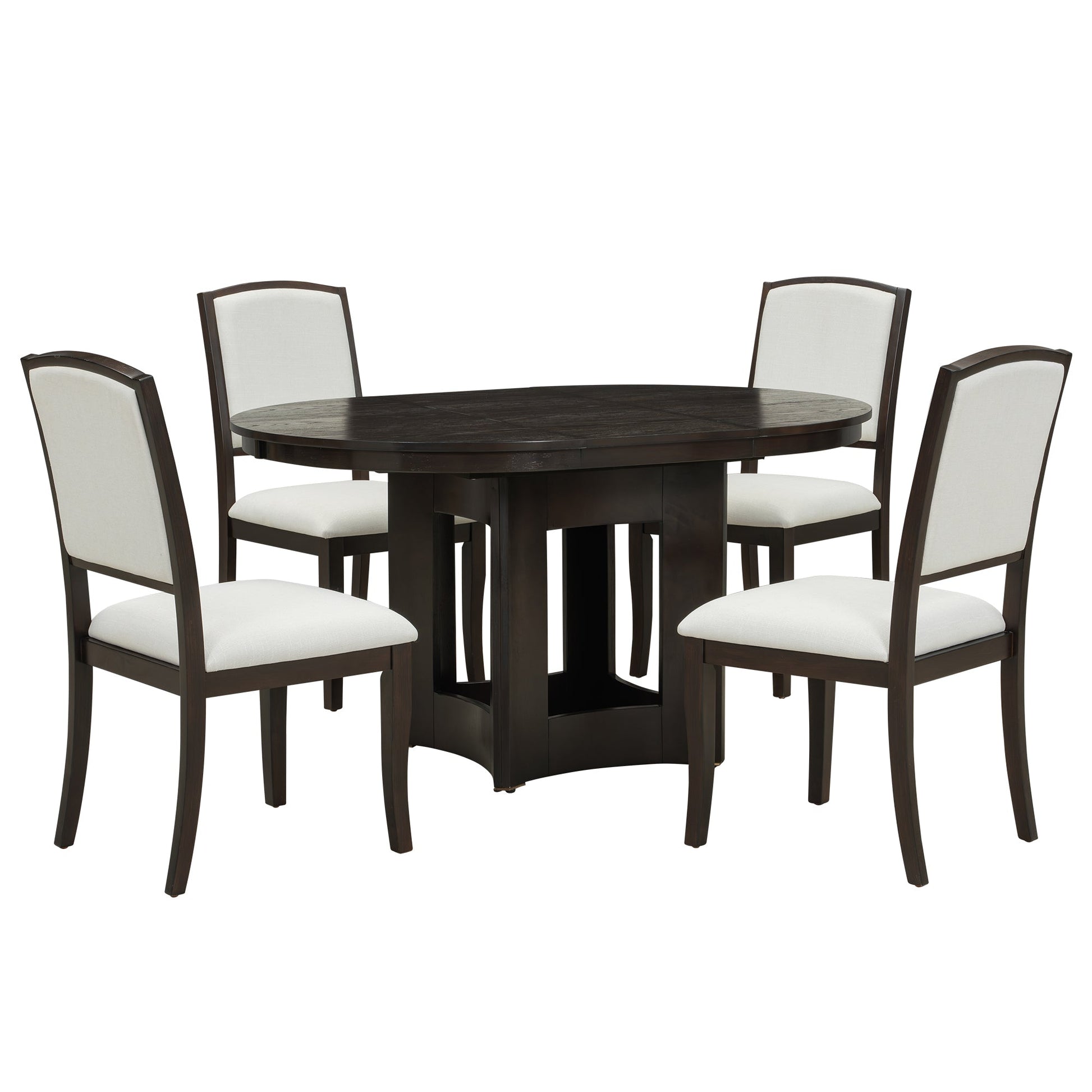 Farmhouse Round Dining Table Set for 4 – Extendable Rubber Wood Dining Set with Upholstered Chairs - 1st Choice Furniture Direct