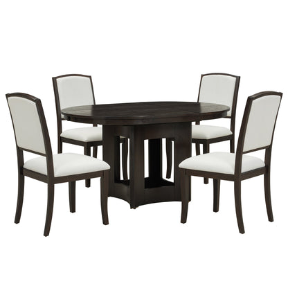 Farmhouse Round Dining Table Set for 4 – Extendable Rubber Wood Dining Set with Upholstered Chairs - 1st Choice Furniture Direct