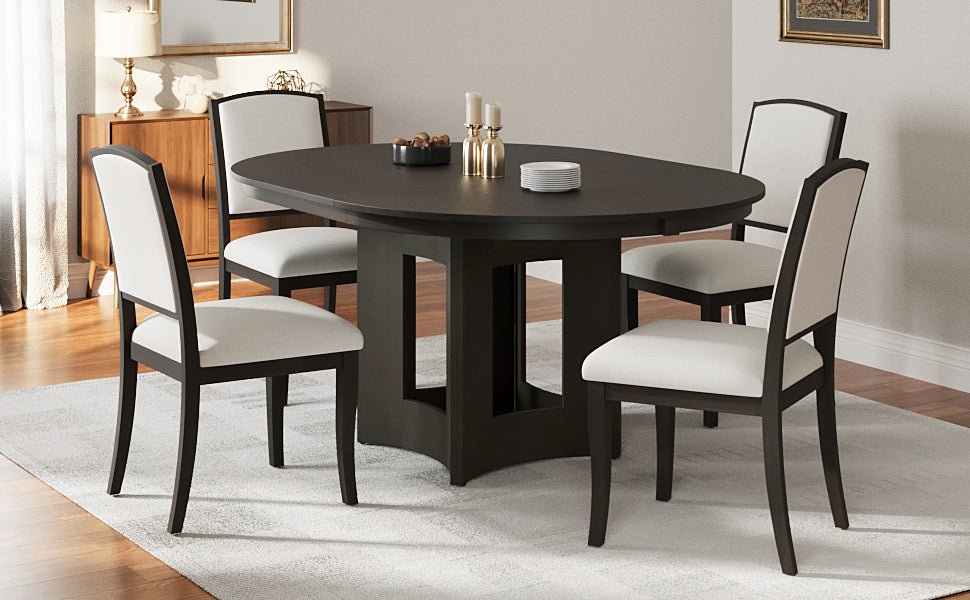 Farmhouse Round Dining Table Set for 4 – Extendable Rubber Wood Dining Set with Upholstered Chairs - 1st Choice Furniture Direct