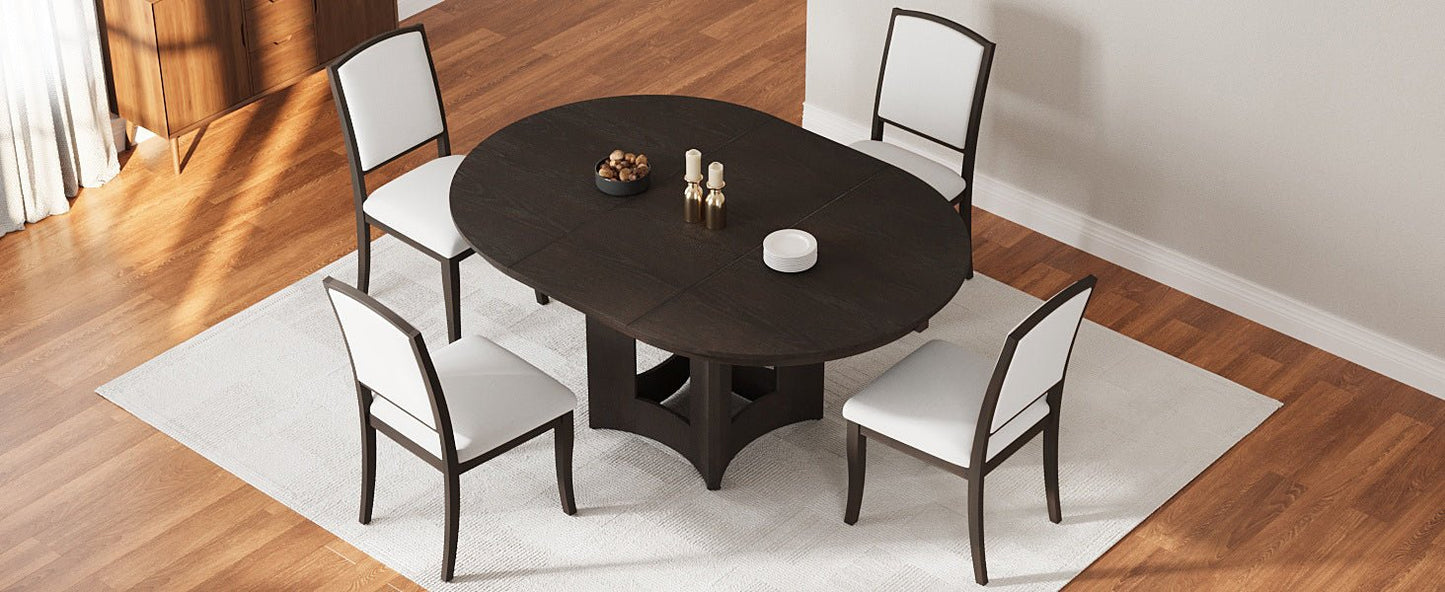 Farmhouse Round Dining Table Set for 4 – Extendable Rubber Wood Dining Set with Upholstered Chairs - 1st Choice Furniture Direct