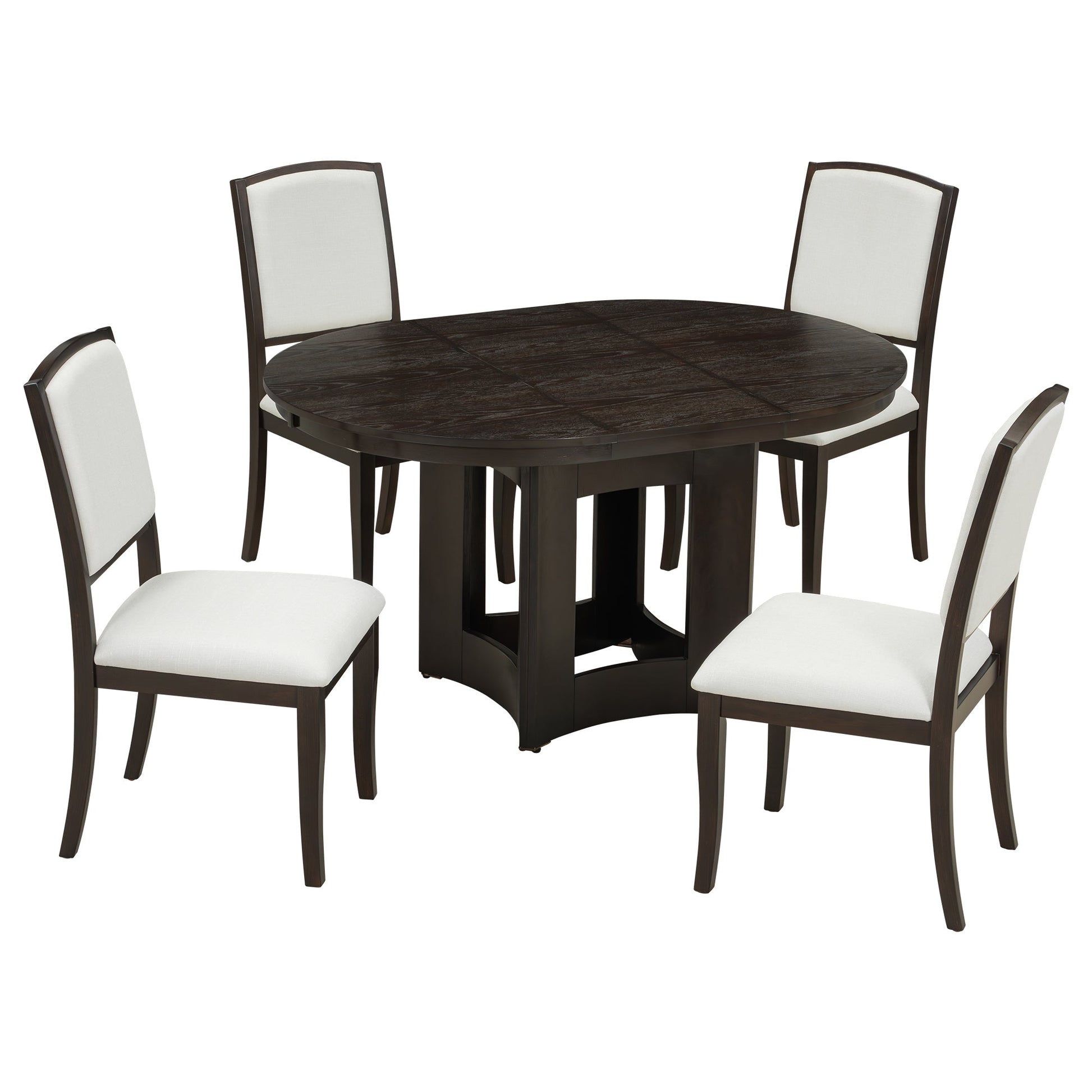 Farmhouse Round Dining Table Set for 4 – Extendable Rubber Wood Dining Set with Upholstered Chairs - 1st Choice Furniture Direct