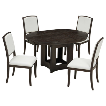 Farmhouse Round Dining Table Set for 4 – Extendable Rubber Wood Dining Set with Upholstered Chairs - 1st Choice Furniture Direct