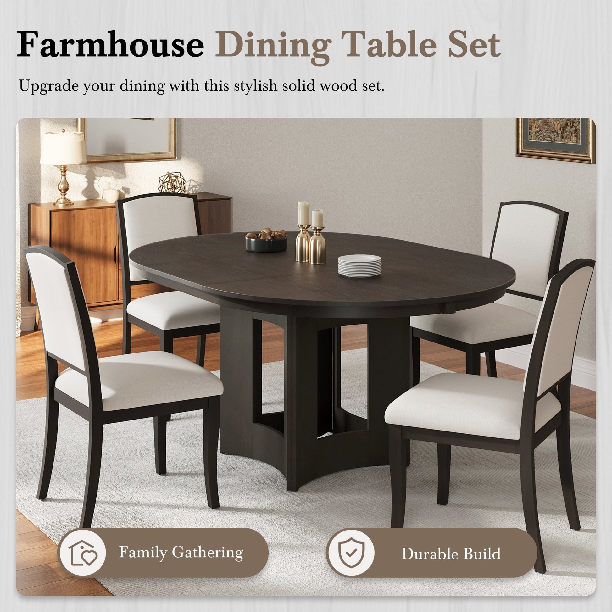 Farmhouse Round Dining Table Set for 4 – Extendable Rubber Wood Dining Set with Upholstered Chairs - 1st Choice Furniture Direct