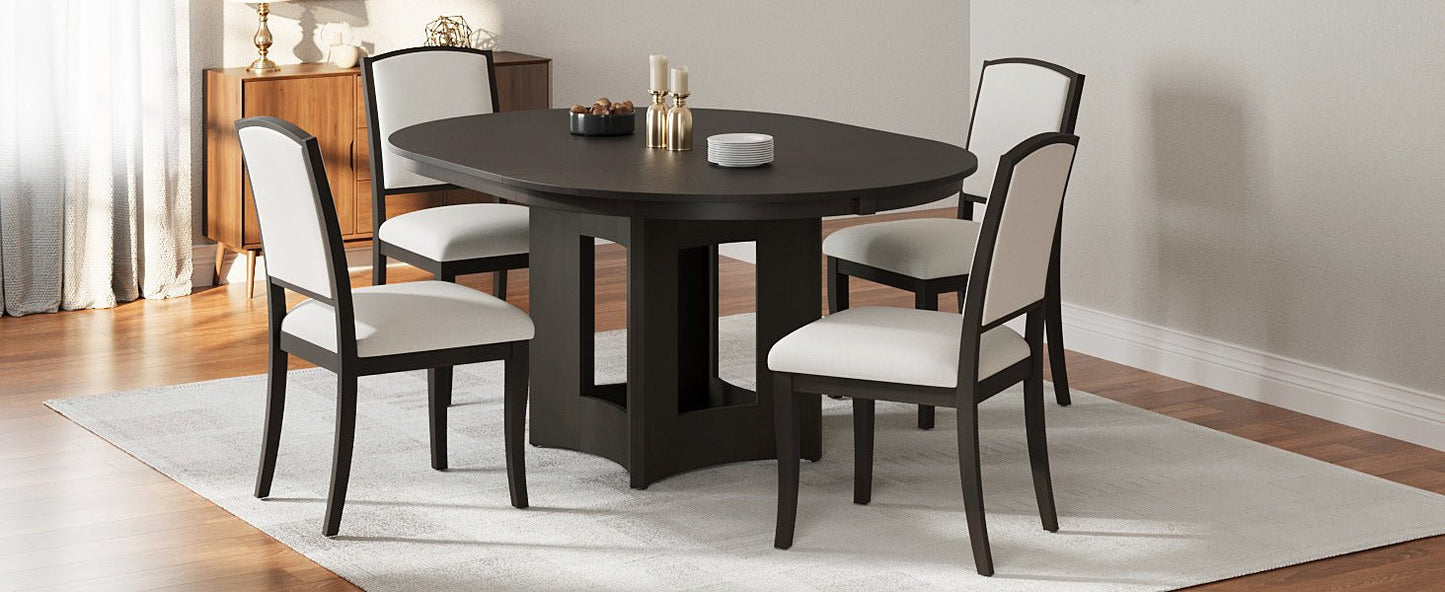 Farmhouse Round Dining Table Set for 4 – Extendable Rubber Wood Dining Set with Upholstered Chairs - 1st Choice Furniture Direct
