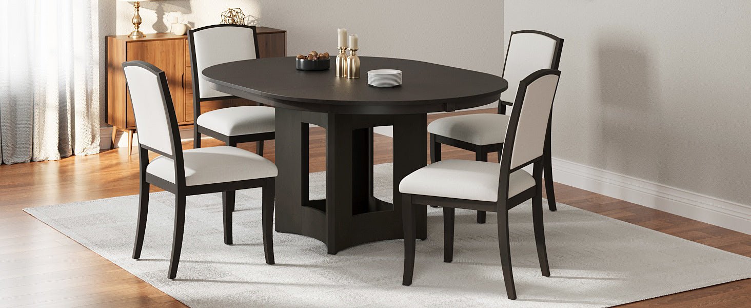 Farmhouse Round Dining Table Set for 4 – Extendable Rubber Wood Dining Set with Upholstered Chairs - 1st Choice Furniture Direct