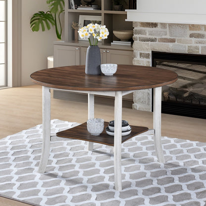 Farmhouse Round Dining Table with Storage Shelf – Antique Dark Oak & White Dining Table - 1st Choice Furniture Direct