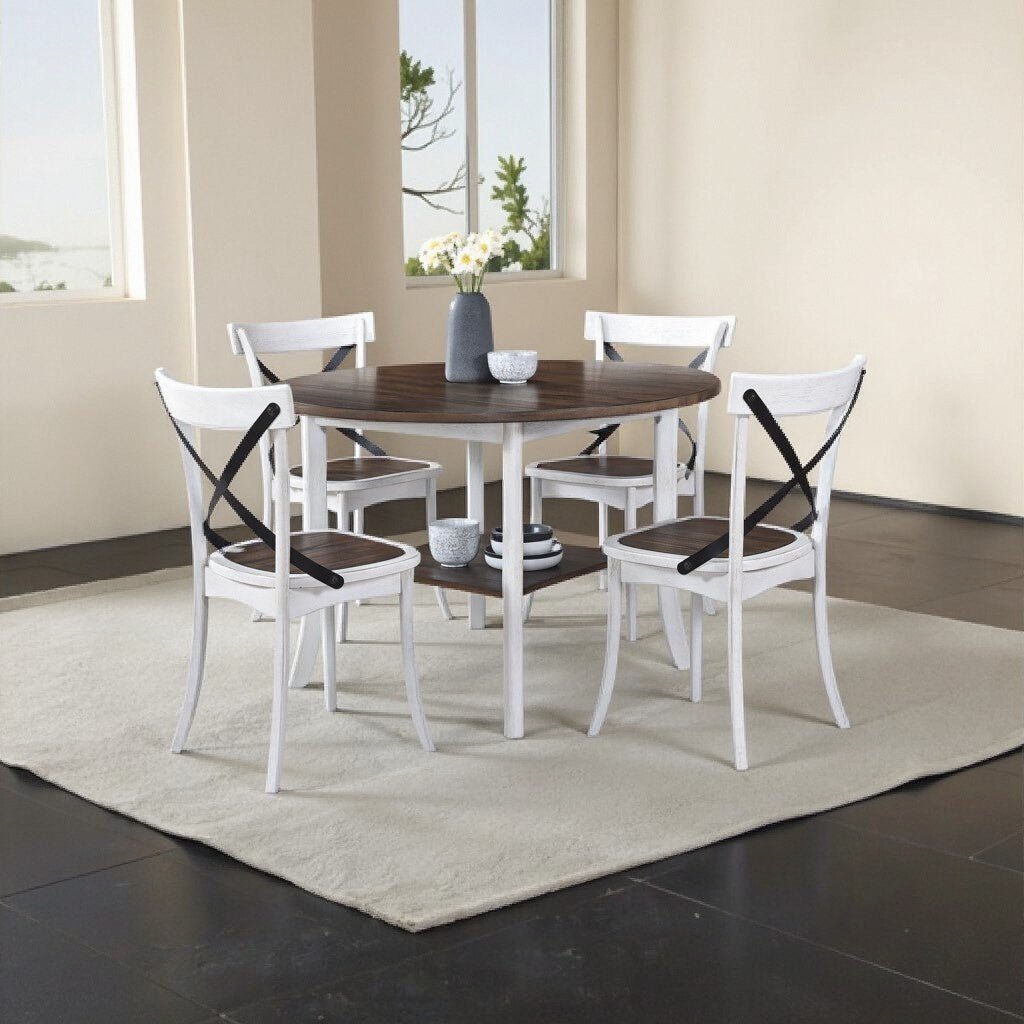 Farmhouse Round Dining Table with Storage Shelf – Antique Dark Oak & White Dining Table - 1st Choice Furniture Direct