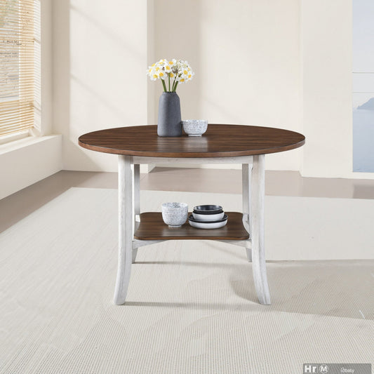 Farmhouse Round Dining Table with Storage Shelf – Antique Dark Oak & White Dining Table - 1st Choice Furniture Direct