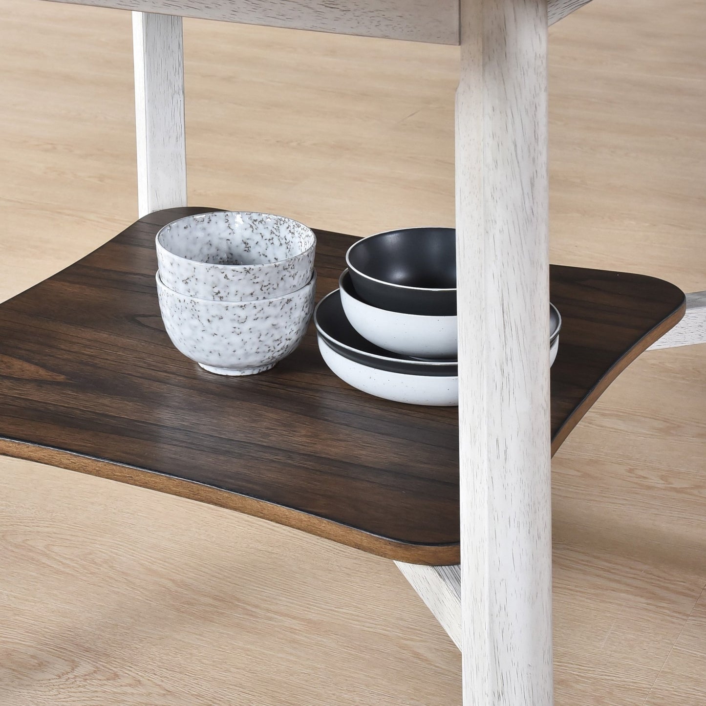 Farmhouse Round Dining Table with Storage Shelf – Antique Dark Oak & White Dining Table - 1st Choice Furniture Direct