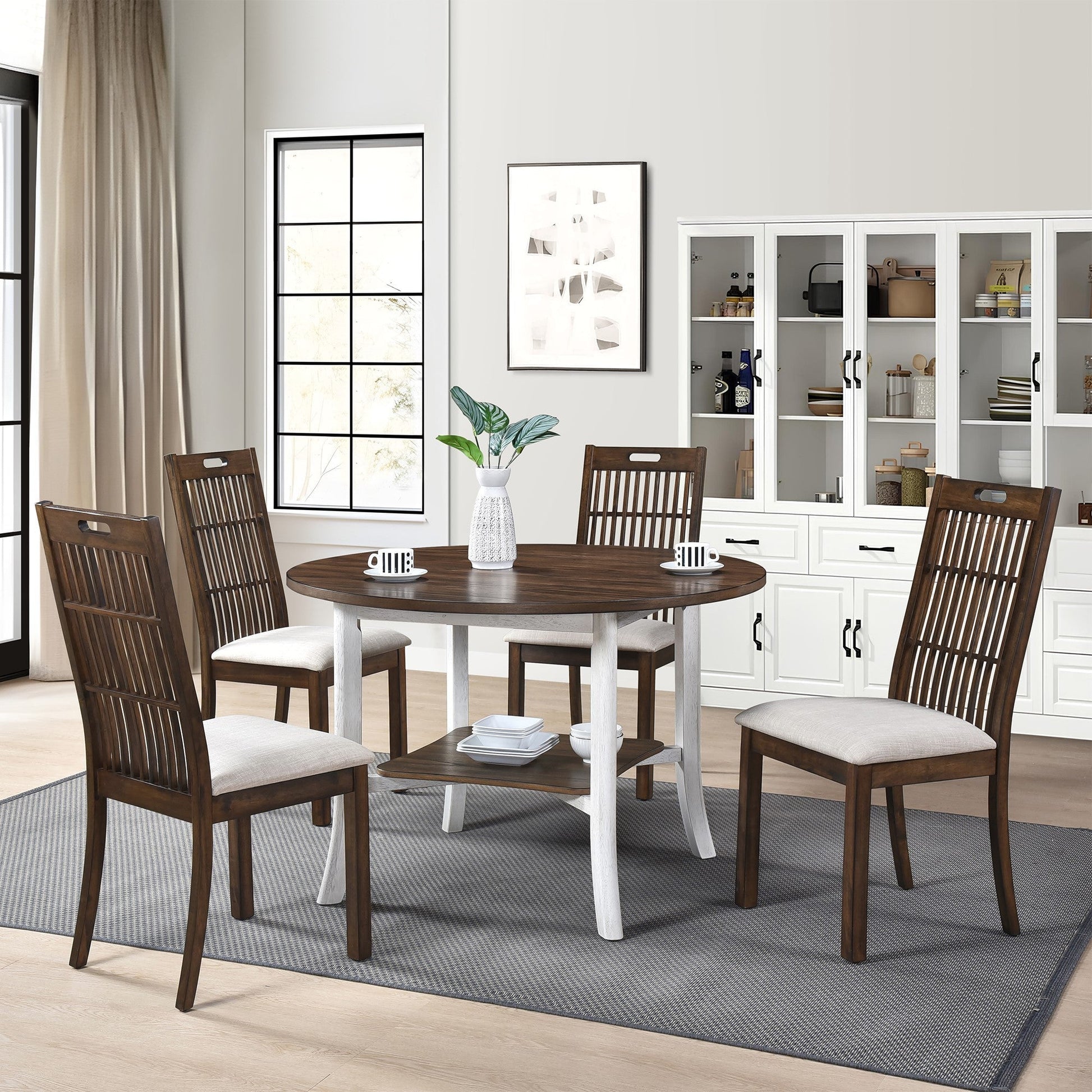 Farmhouse Round Dining Table with Storage Shelf – Antique Dark Oak & White Dining Table - 1st Choice Furniture Direct