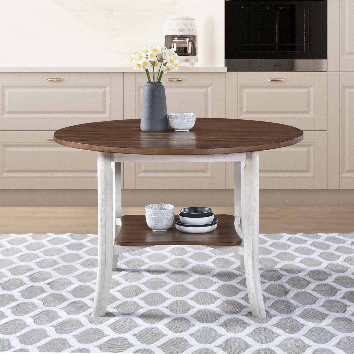 Farmhouse Round Dining Table with Storage Shelf – Antique Dark Oak & White Dining Table - 1st Choice Furniture Direct
