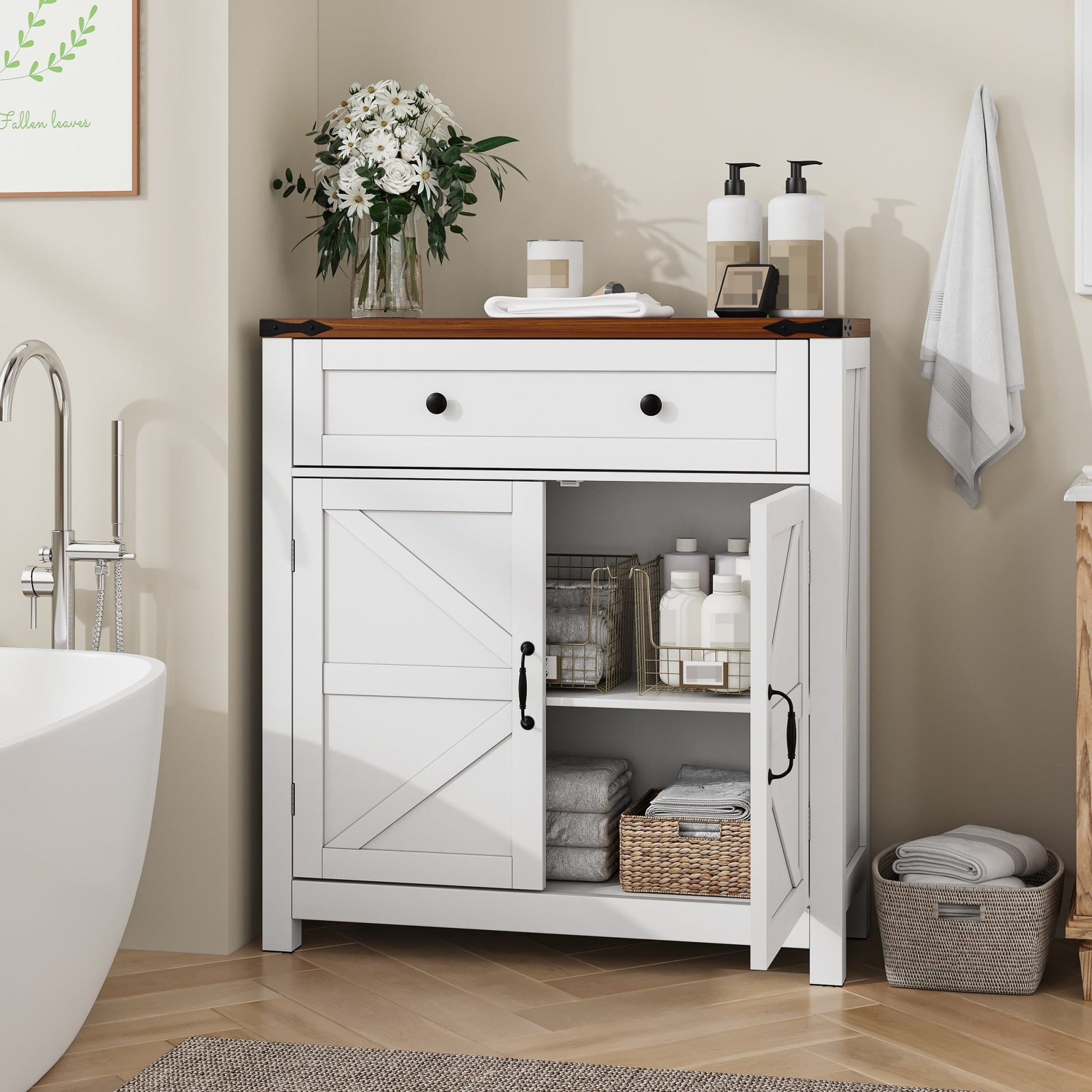 Farmhouse Storage Cabinet With Drawer And Adjustable Shelf, White Kitchen Cabinet With Walnut Countertop, Modern Coffee Bar Console Cabinet For Kitchen, Dining Room, Bathroom, Entryway - 1st Choice Furniture Direct