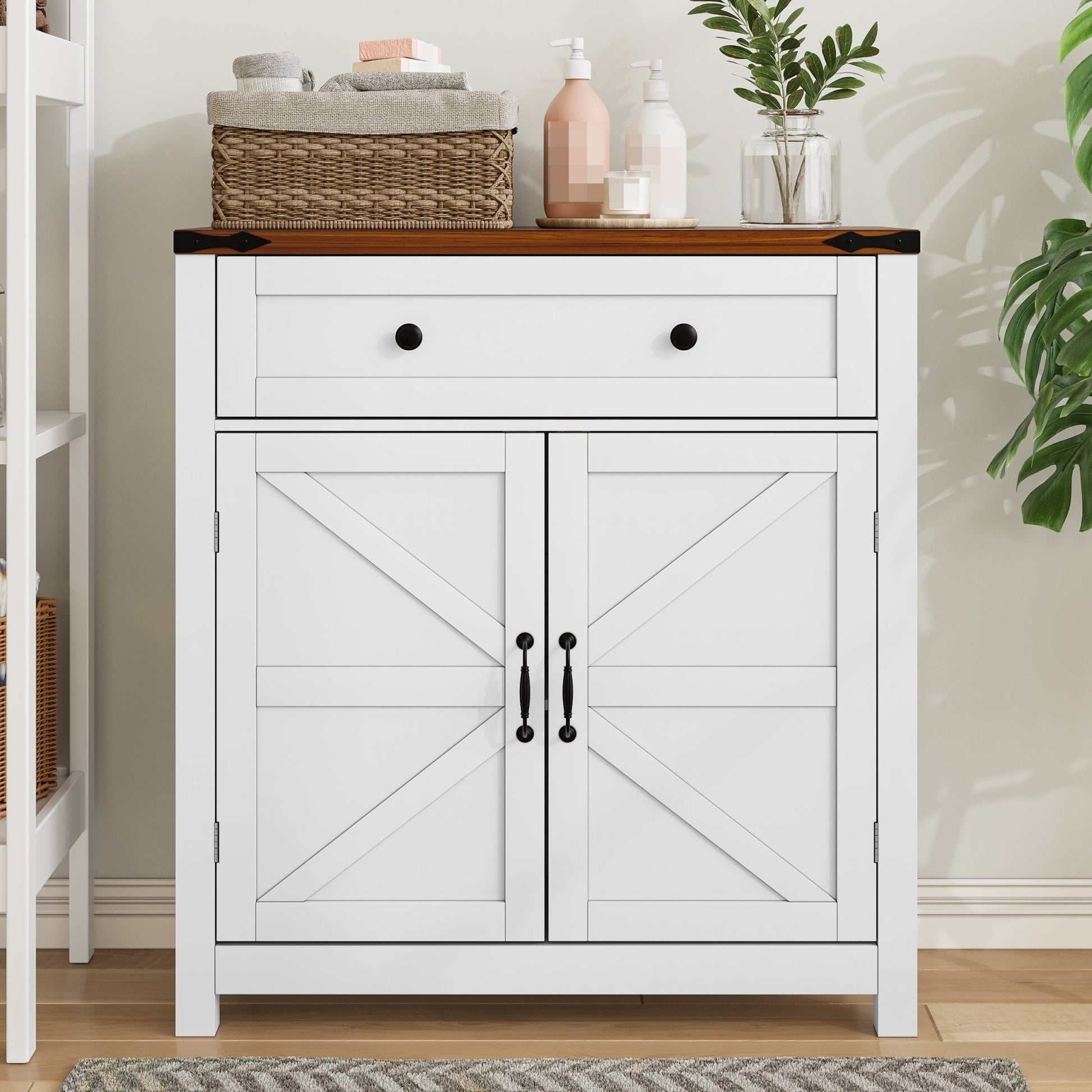 Farmhouse Storage Cabinet With Drawer And Adjustable Shelf, White Kitchen Cabinet With Walnut Countertop, Modern Coffee Bar Console Cabinet For Kitchen, Dining Room, Bathroom, Entryway - 1st Choice Furniture Direct