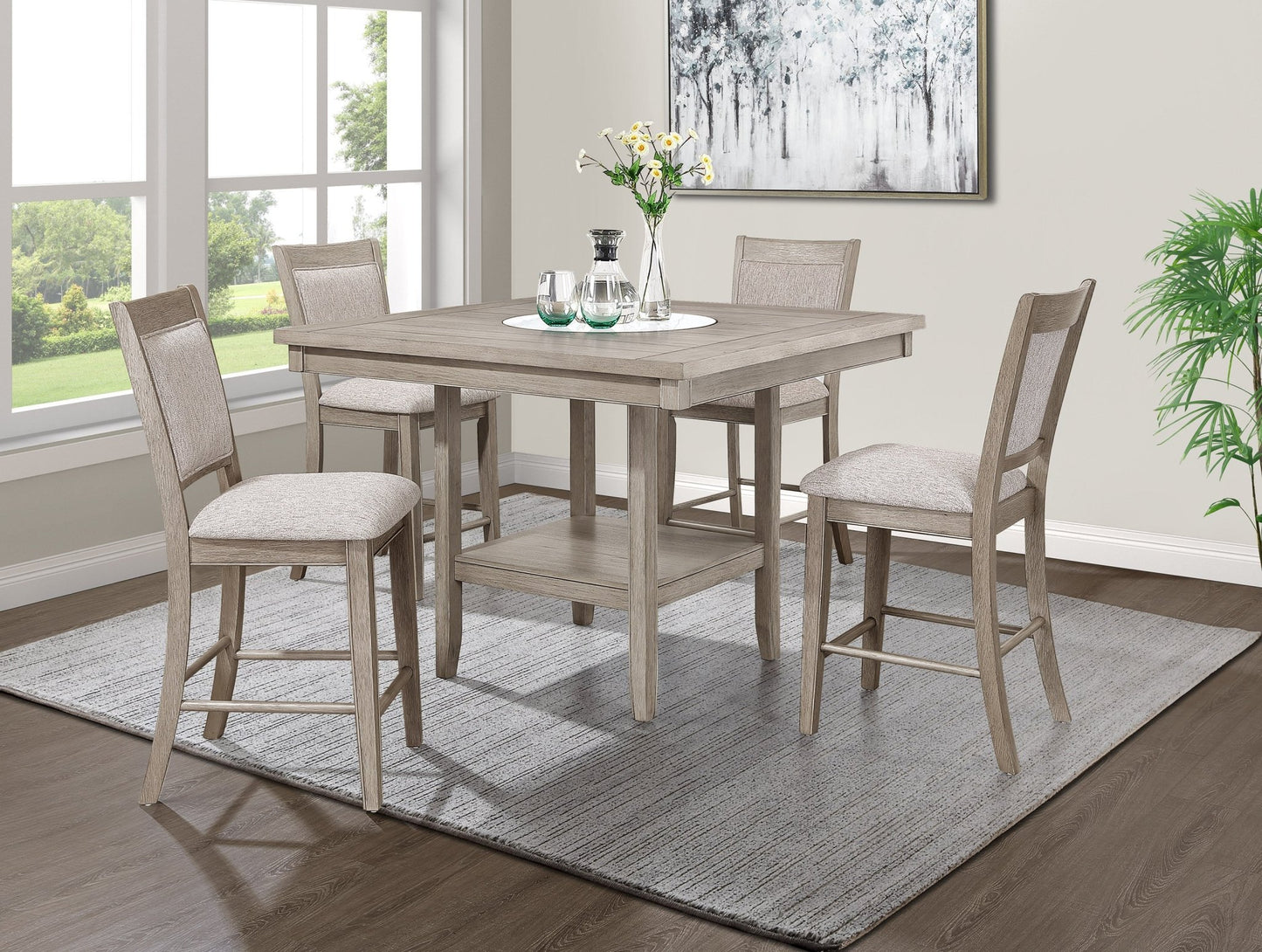 Farmhouse Style 2pc Tan / Beige Gray Finish Counter Height Chair Bar Stool Footrest Upholstered Back Seat Wooden Dining Room Furniture - 1st Choice Furniture Direct