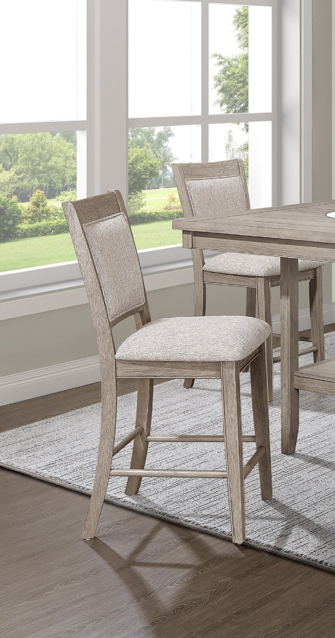Farmhouse Style 2pc Tan / Beige Gray Finish Counter Height Chair Bar Stool Footrest Upholstered Back Seat Wooden Dining Room Furniture - 1st Choice Furniture Direct