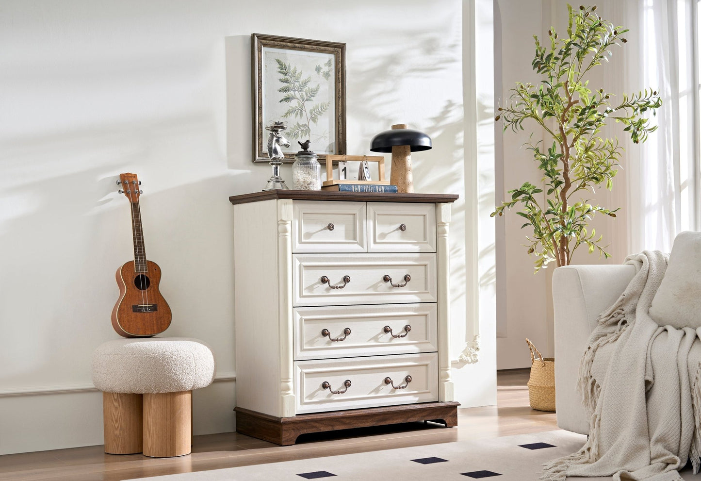 Farmhouse Style 5 Drawer Dresser Chest with Base Wooden Rustic Chest of Drawers, Storage Dresser Organizer for Bedroom, Living Room, Beautiful Sturdy and Durable - 1st Choice Furniture Direct