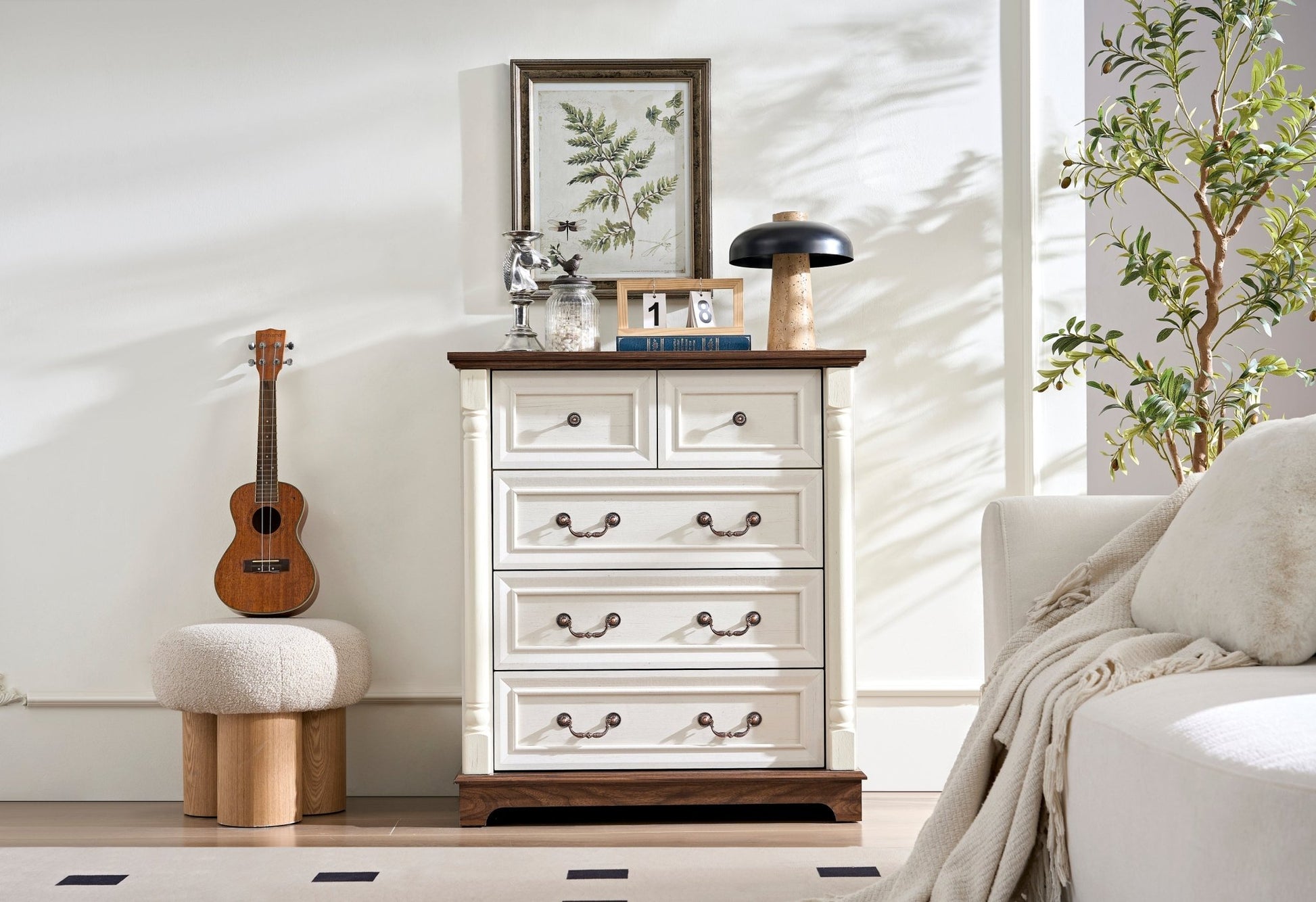 Farmhouse Style 5 Drawer Dresser Chest with Base Wooden Rustic Chest of Drawers, Storage Dresser Organizer for Bedroom, Living Room, Beautiful Sturdy and Durable - 1st Choice Furniture Direct