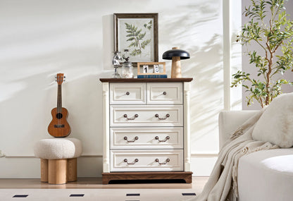 Farmhouse Style 5 Drawer Dresser Chest with Base Wooden Rustic Chest of Drawers, Storage Dresser Organizer for Bedroom, Living Room, Beautiful Sturdy and Durable - 1st Choice Furniture Direct