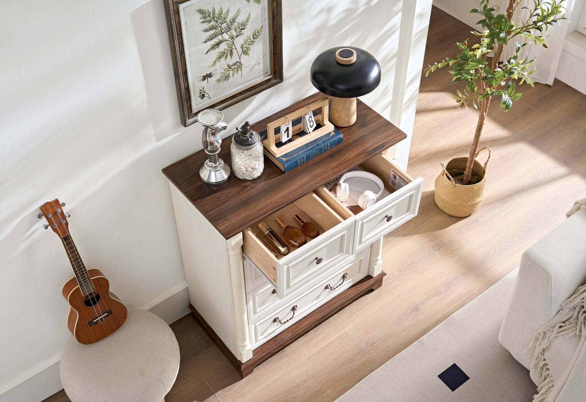 Farmhouse Style 5 Drawer Dresser Chest with Base Wooden Rustic Chest of Drawers, Storage Dresser Organizer for Bedroom, Living Room, Beautiful Sturdy and Durable - 1st Choice Furniture Direct
