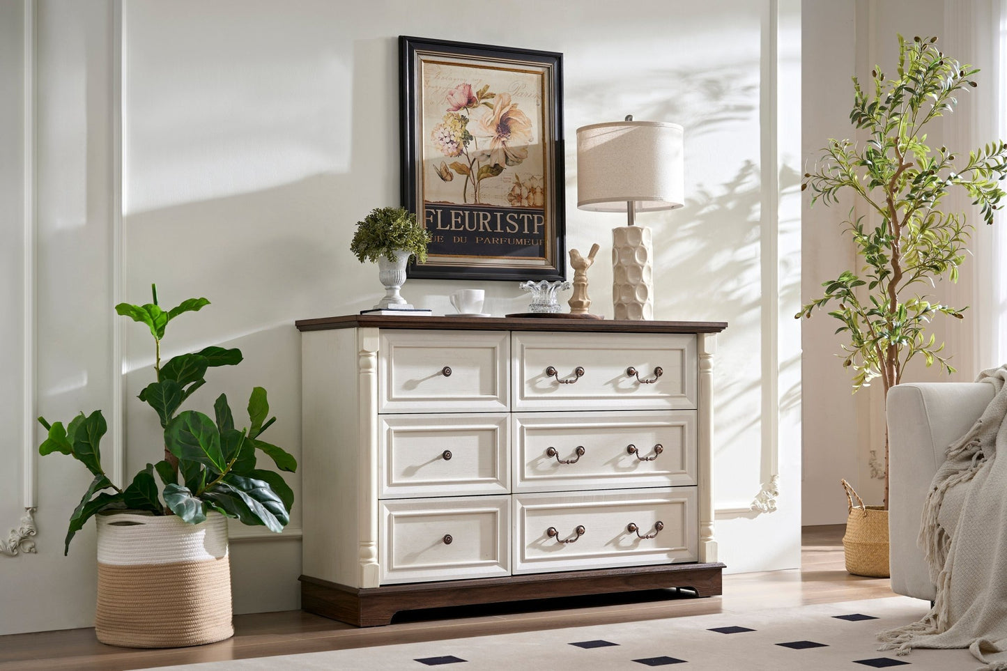 Farmhouse Style 6 Drawer Dresser Chest with Base Wooden Rustic Chest of Drawers, Storage Dresser Organizer for Bedroom, Living Room, Beautiful Sturdy and Durable - 1st Choice Furniture Direct