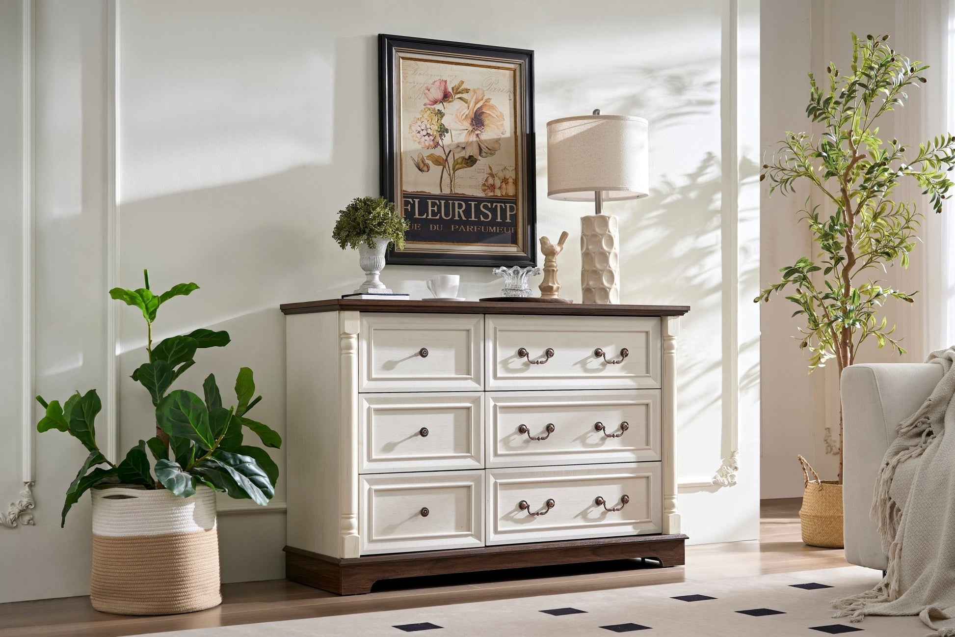 Farmhouse Style 6 Drawer Dresser Chest with Base Wooden Rustic Chest of Drawers, Storage Dresser Organizer for Bedroom, Living Room, Beautiful Sturdy and Durable - 1st Choice Furniture Direct