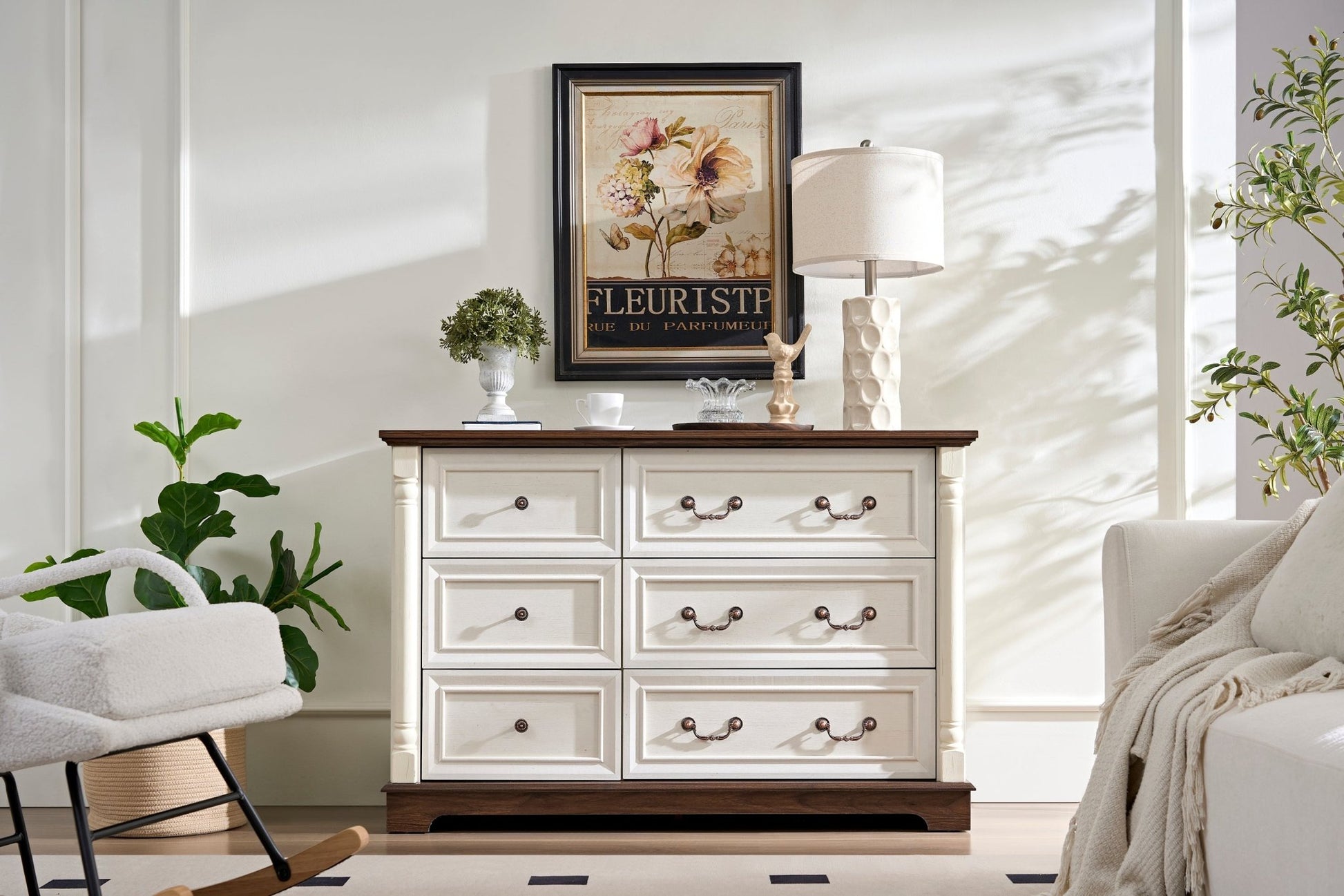Farmhouse Style 6 Drawer Dresser Chest with Base Wooden Rustic Chest of Drawers, Storage Dresser Organizer for Bedroom, Living Room, Beautiful Sturdy and Durable - 1st Choice Furniture Direct