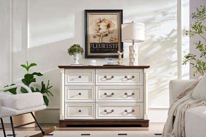 Farmhouse Style 6 Drawer Dresser Chest with Base Wooden Rustic Chest of Drawers, Storage Dresser Organizer for Bedroom, Living Room, Beautiful Sturdy and Durable - 1st Choice Furniture Direct