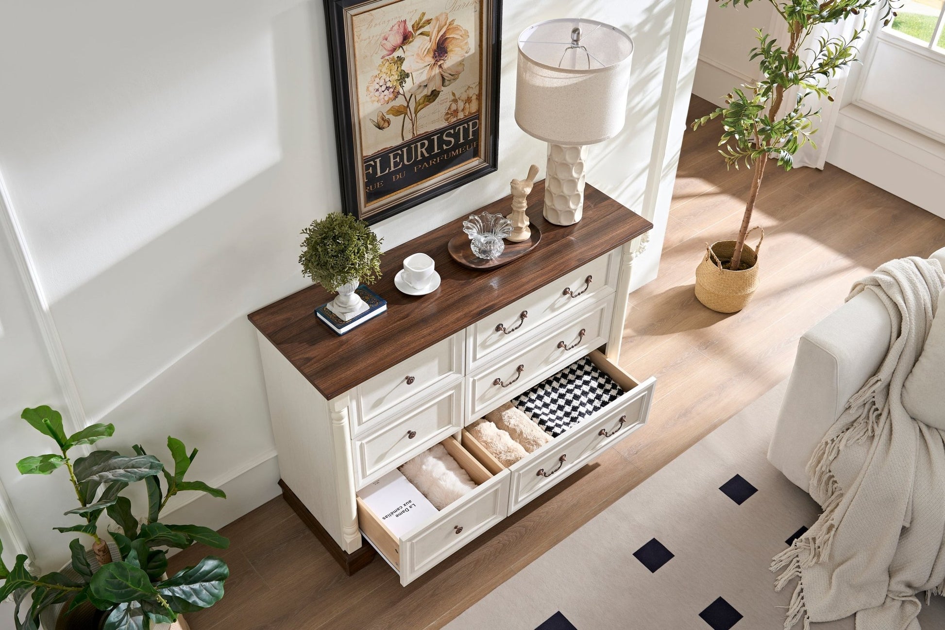 Farmhouse Style 6 Drawer Dresser Chest with Base Wooden Rustic Chest of Drawers, Storage Dresser Organizer for Bedroom, Living Room, Beautiful Sturdy and Durable - 1st Choice Furniture Direct