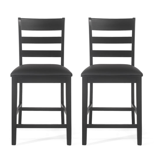 Farmhouse Upholstered Wood Counter Stools, Rustic Charm, Black PU - 1st Choice Furniture Direct