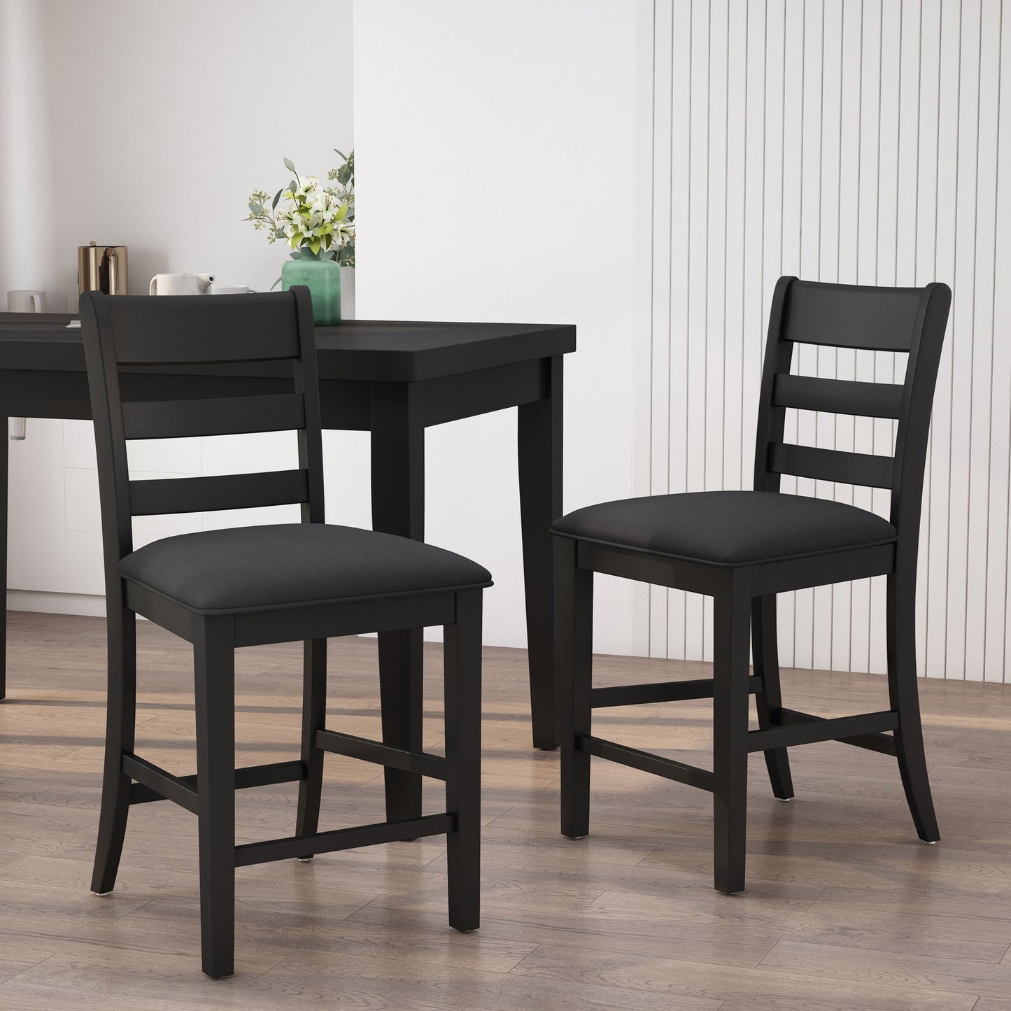 Farmhouse Upholstered Wood Counter Stools, Rustic Charm, Black PU - 1st Choice Furniture Direct