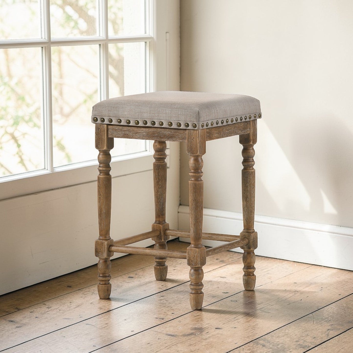 Farsiris Beige Fabric & Weathered Oak Counter Height Stool (Set-2) - 1st Choice Furniture Direct