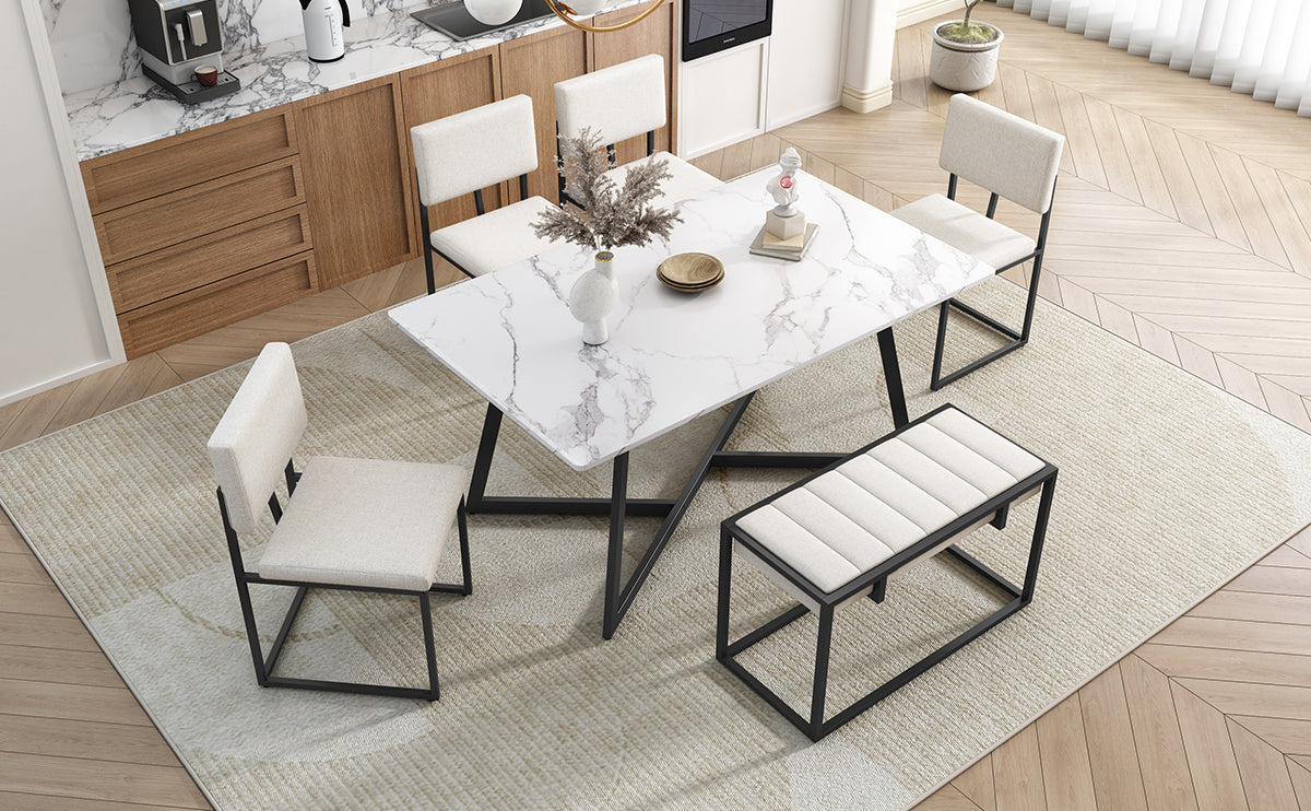 TOPMAX Modern Faux Marble 6-Piece Dining Table Set,60inch Metal Kitchen Table Set with Upholstered Dining Chairs and Bench, Black