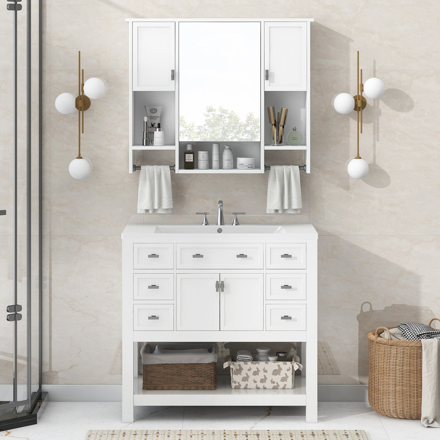 36'' Bathroom Vanity with Top Sink, Modern Mirror Cabinet with Towels Bar, Bathroom Storage Cabinet with 2 Soft Closing Doors and 6 Drawers, Single Sink Bathroom Vanity
