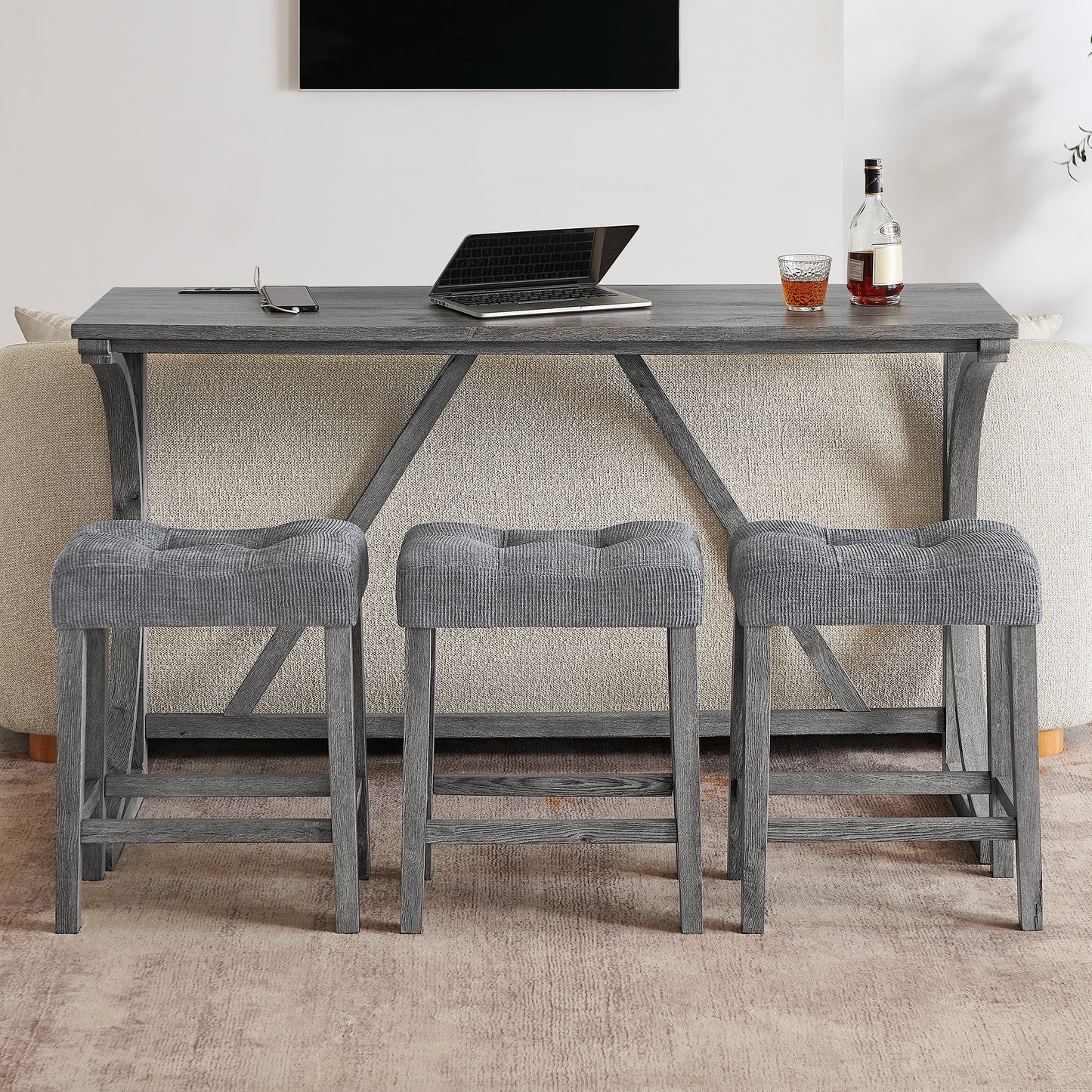 59 Inch Bar Table, Dining Table, Sofa Table with Power Outlet, 3 Upholstered Stools, 4 Piece Bar Table and Chair Set for Living Room, Dining Room, Kitchen