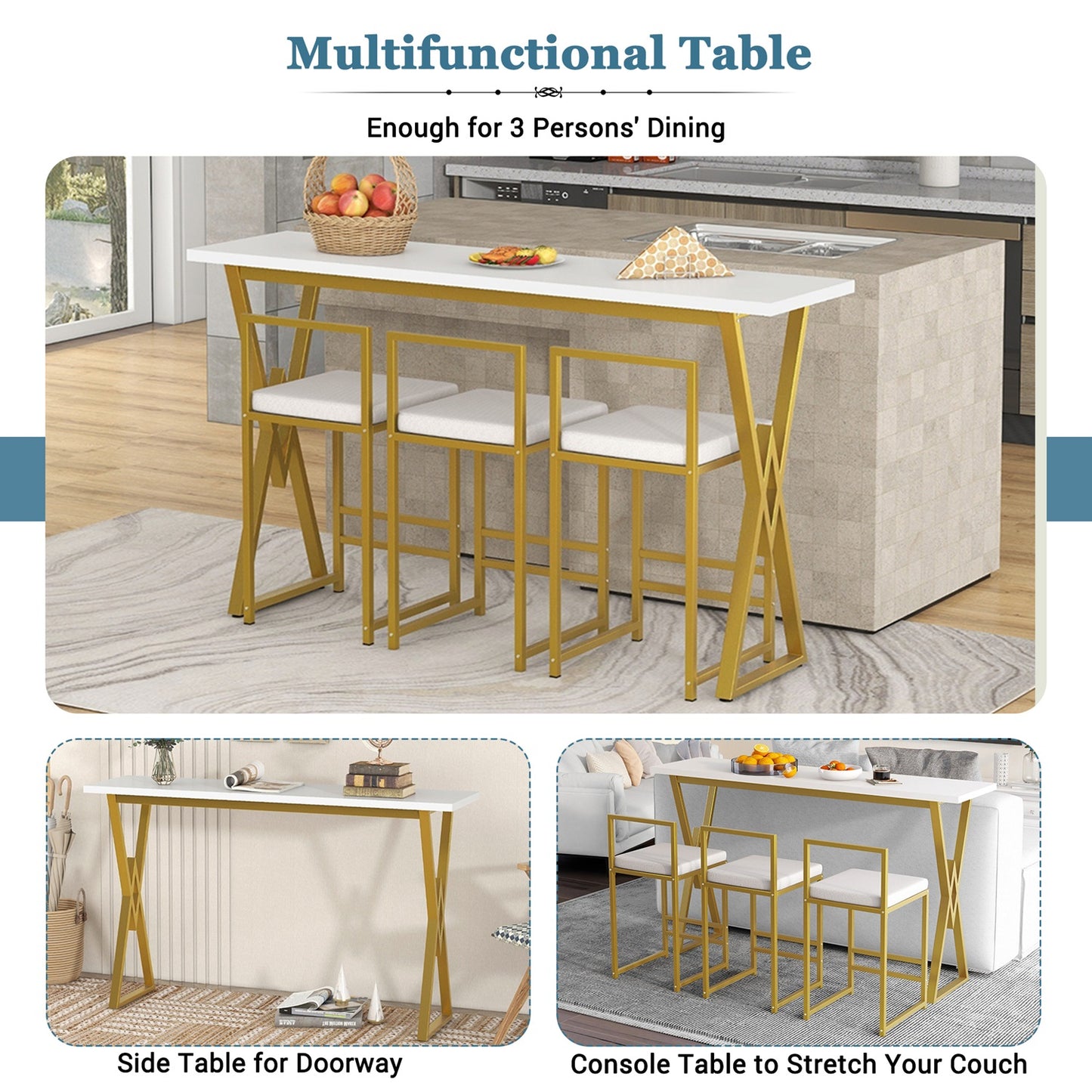 TOPMAX Modern 4-Piece Counter Height Extra Long Console Bar Dining Table Set with 3 Padded Stools for Small Places, Gold