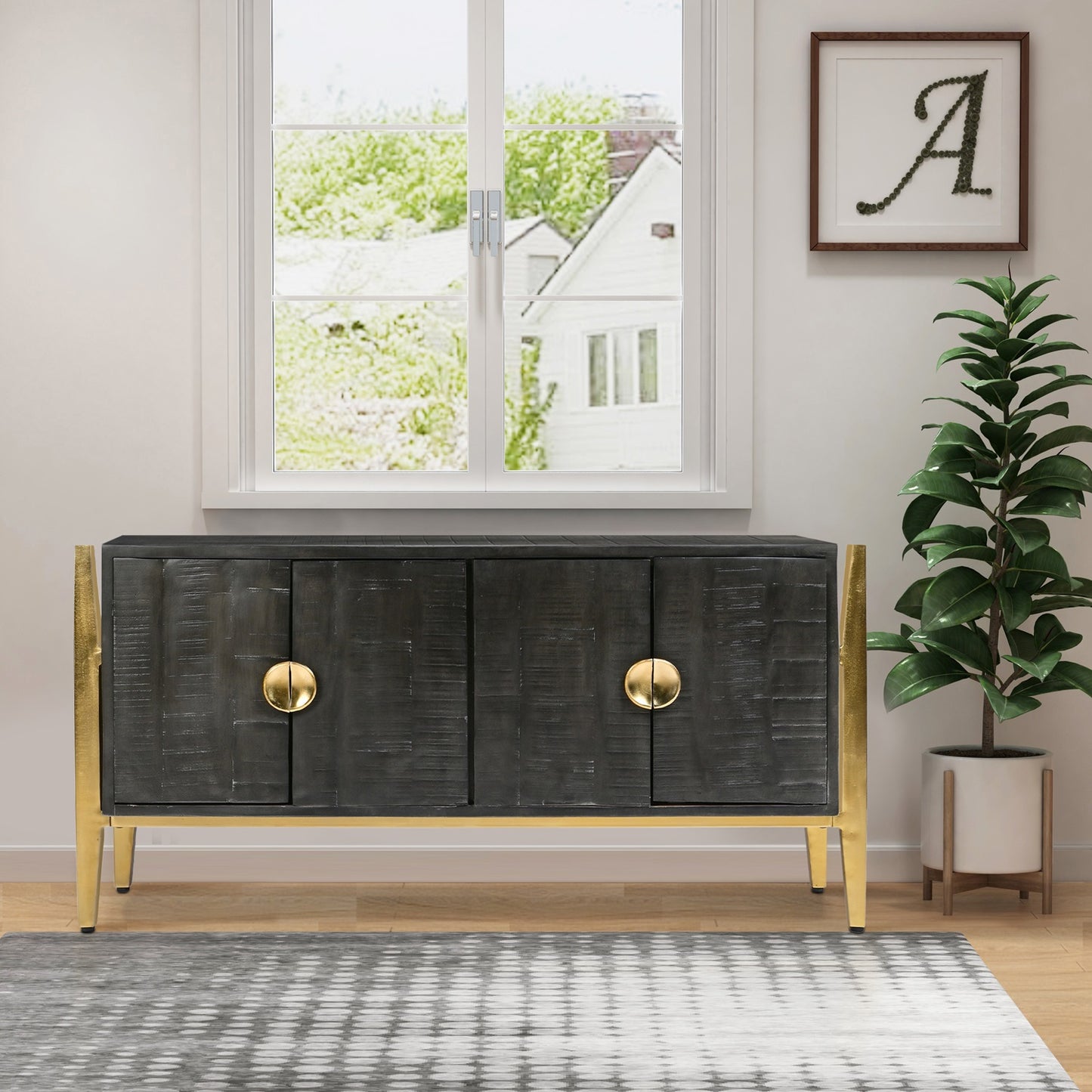 Tali 48 Inch Accent Sideboard Buffet Cabinet, 2 Doors with Gold Round Handles, Saw Marked, Charcoal Gray Acacia Wood