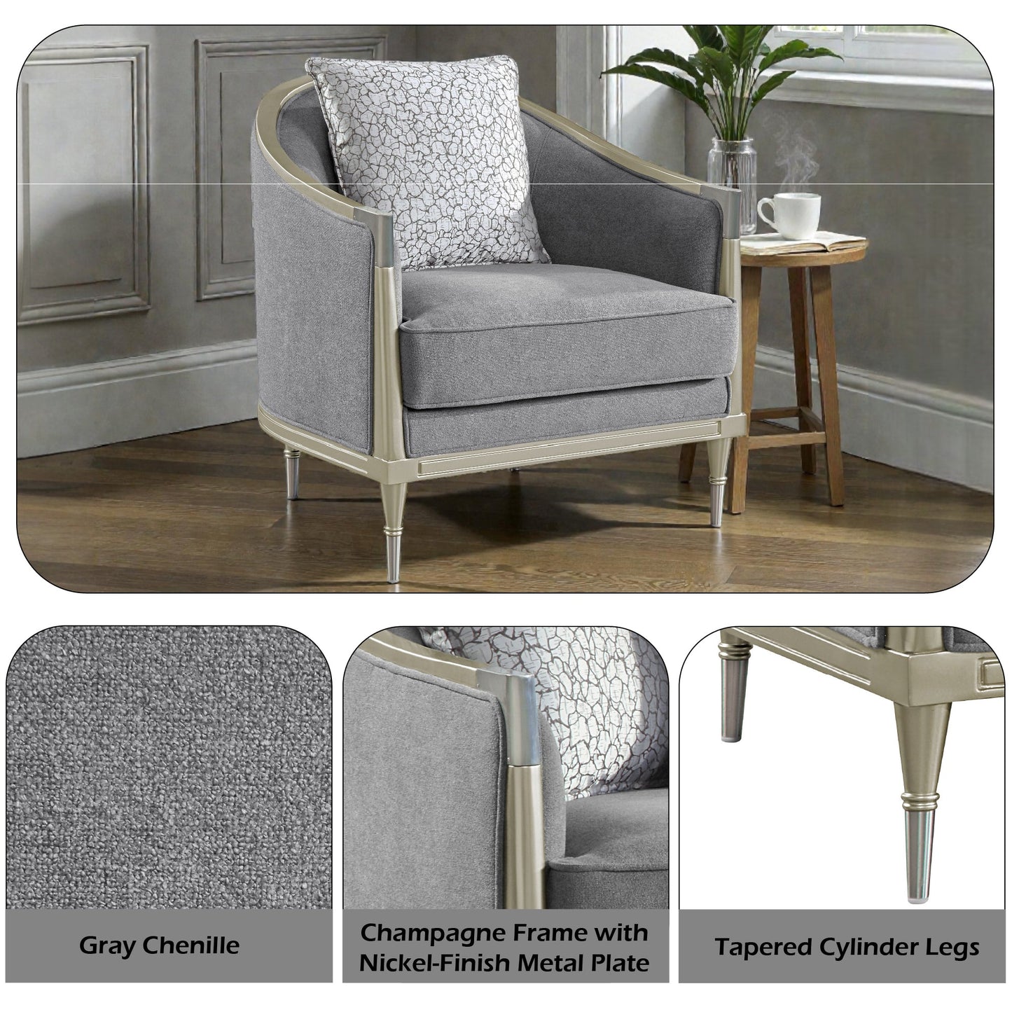 Fernando Gray Chenille & Champagne Chair w/Pillow - 1st Choice Furniture Direct