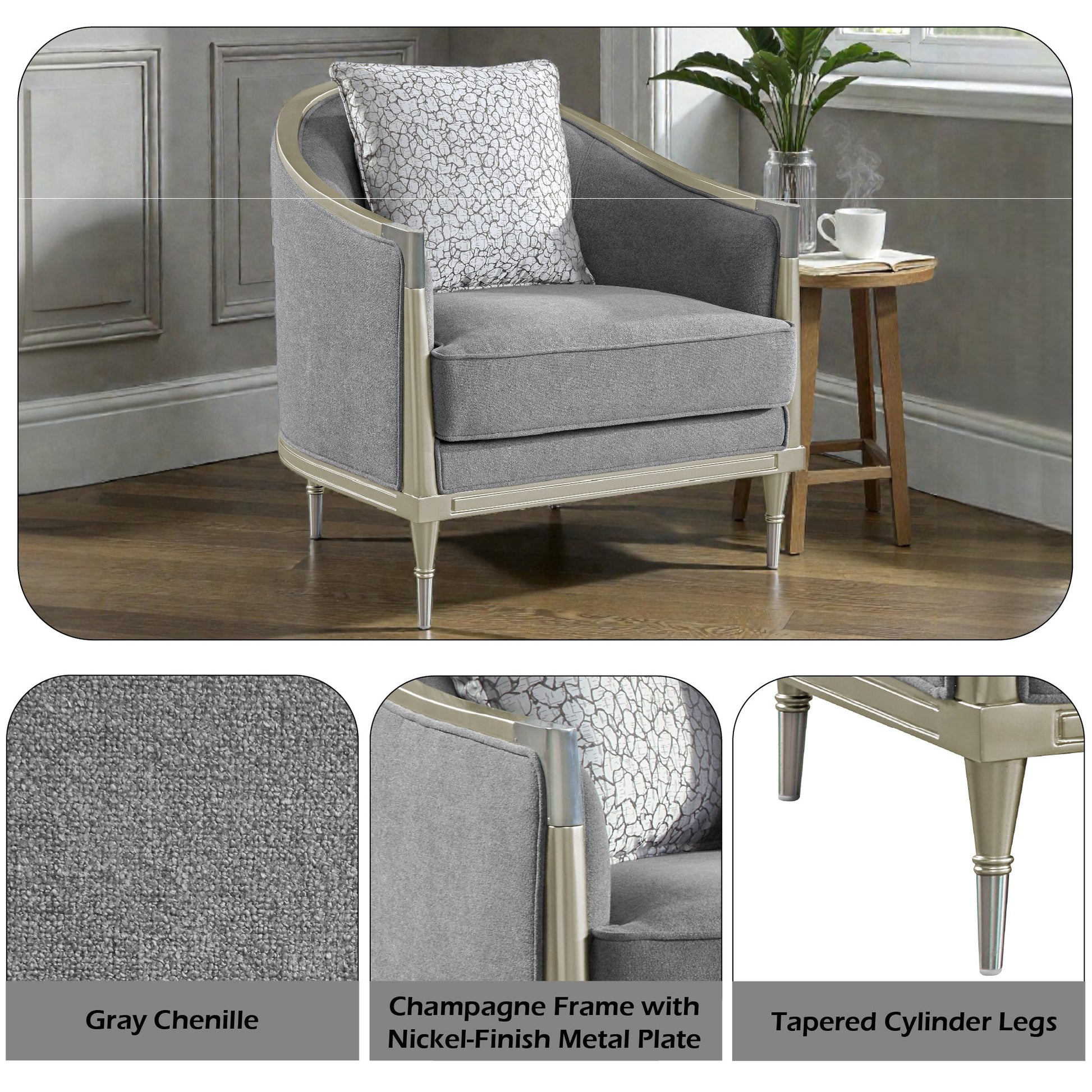 Fernando Gray Chenille & Champagne Chair w/Pillow - 1st Choice Furniture Direct