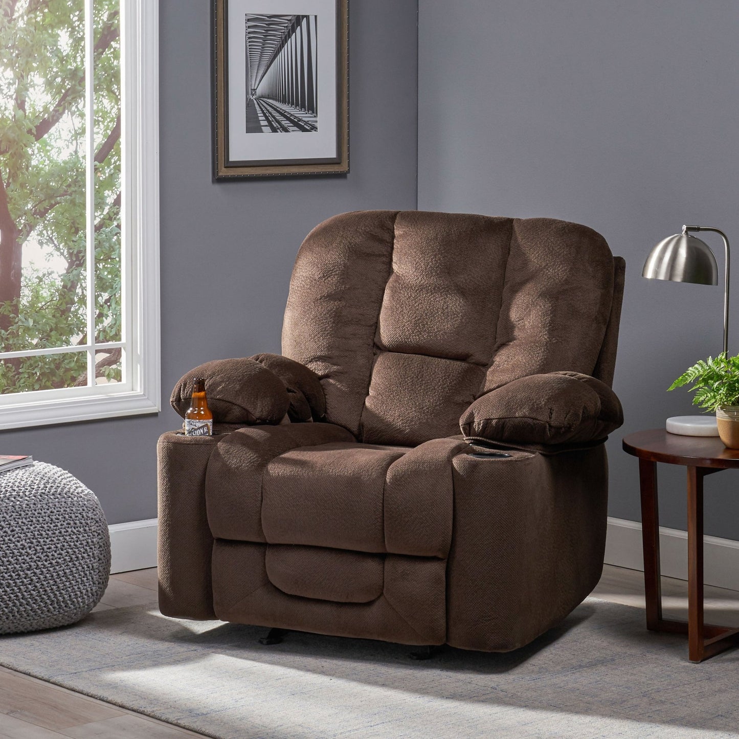 Fervor Luxurious Manual Recliner Chair with Skin - Friendly Fabric and Dual Cup Holders, Chocolate - 1st Choice Furniture Direct