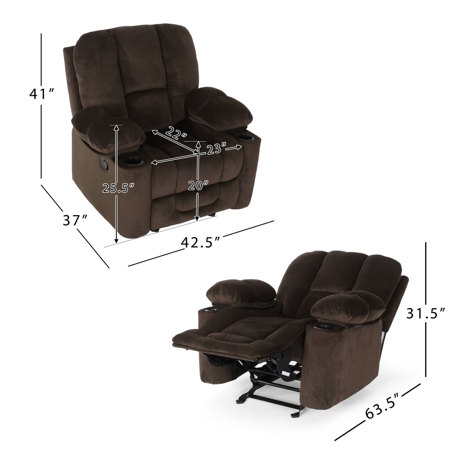 Fervor Luxurious Manual Recliner Chair with Skin - Friendly Fabric and Dual Cup Holders, Chocolate - 1st Choice Furniture Direct