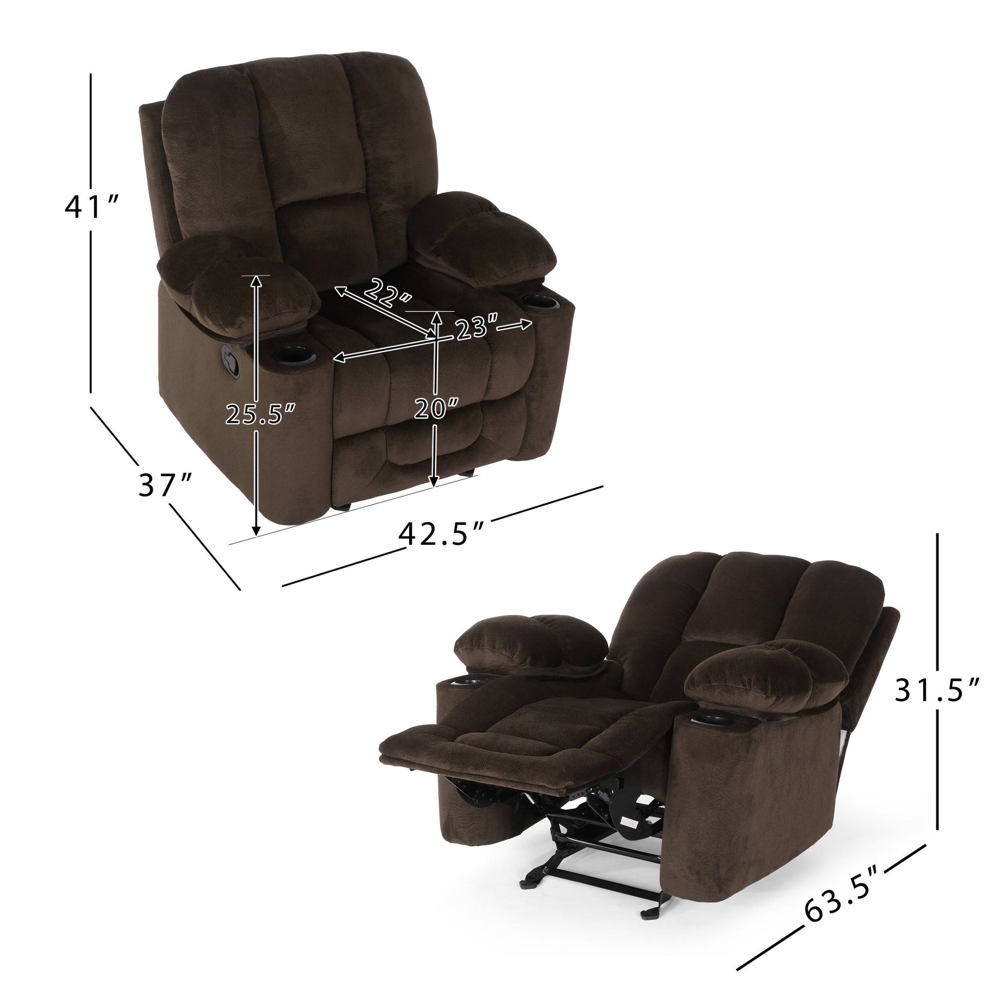 Fervor Luxurious Manual Recliner Chair with Skin - Friendly Fabric and Dual Cup Holders, Chocolate - 1st Choice Furniture Direct