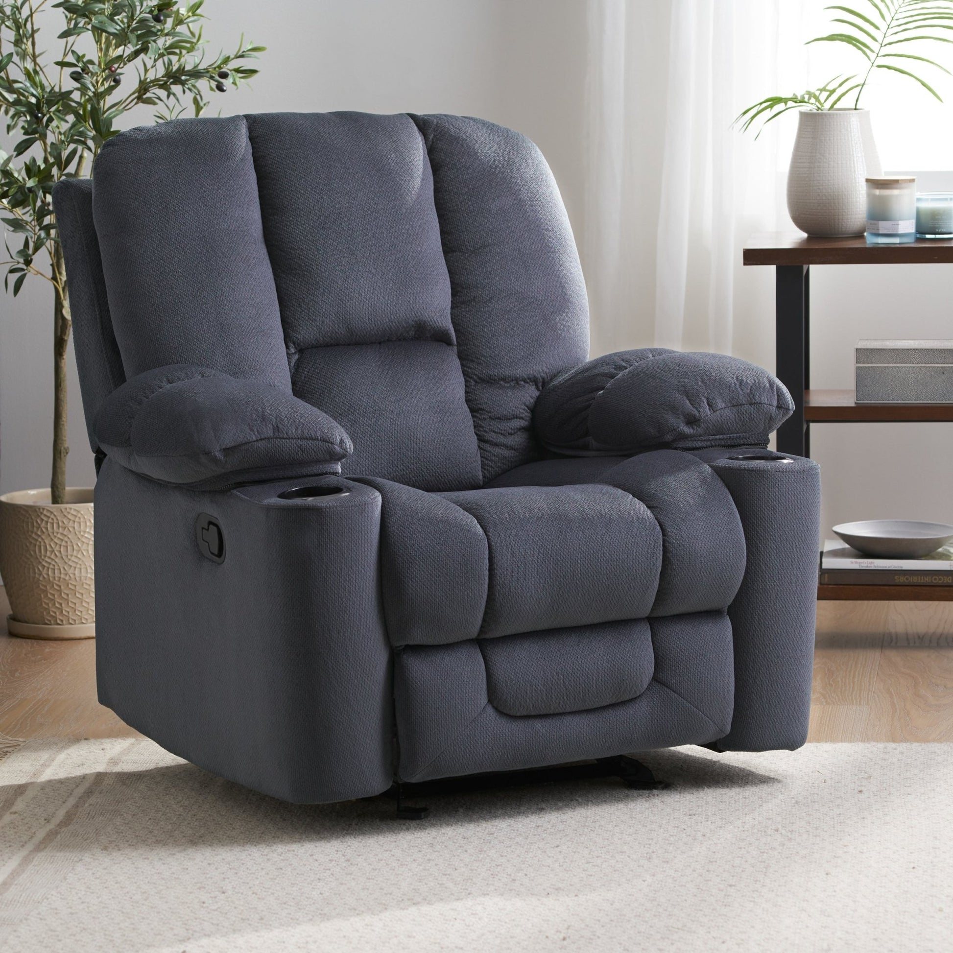 Fervor Luxurious Manual Recliner Chair with Skin - Friendly Fabric and Dual Cup Holders, Silver - 1st Choice Furniture Direct