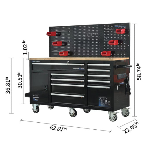 1st Choice Heavy-Duty 62" 10-Drawer Black Tool Chest Mobile Workbench